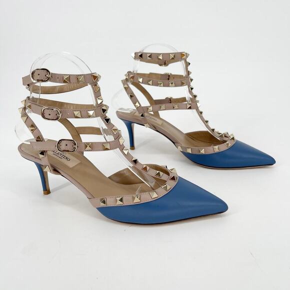 Valentino Garavani Blue Leather Rockstud Caged Pointed Toe Heel size EU 38.5 - Picture 1 of 12
